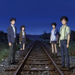 anime, abandoned railway track leading to the end of the world, at midnight, clear night sky, detailed concept art illustration by akihiko yoshida and jean baptiste monge and makoto shinkai and wlop and and tsutomu nihei, 4 k artstation