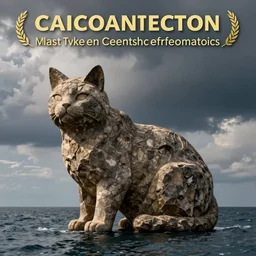 a giant rock in the shape of a cat, the rock is in the sea, professional photo
