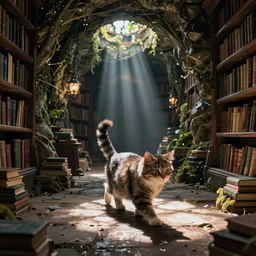 fantasy VFX movie of a cat walking through a wizards magic underground library, natural lighting by Emmanuel Lubezki
