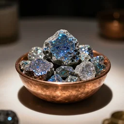 glittering shiny fordite precious stones sitting in a copper bowl on a well lit table, atmospheric cinematic lighting