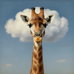 portrait of a giraffe with clouds hidding its face, surreal painting by rene magritte