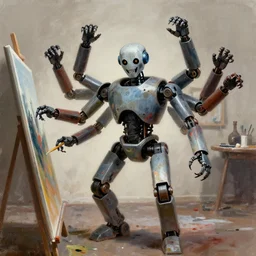 a scary multi armed robot painting a picture