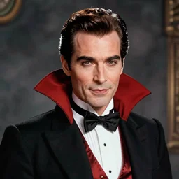 a beautiful portrait photograph of burt reynolds dressed as dracula, for the highschool yearbook, soft focus, glam photo, soft lighting