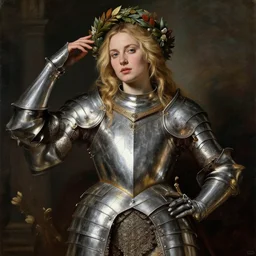 beautiful rugged sultry thick saoirse ronan, blonde hair, wearing silver armour, posing seductive, ornate wreath, oil painting by titian, hard focus, portrait