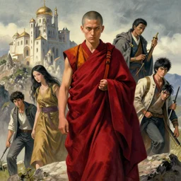 sienna portrait of the astute monk crimson and sienna robe ascending the mountain to the monastery, realistic shaded lighting poster by ilya kuvshinov katsuhiro, magali villeneuve, artgerm, jeremy lipkin and michael garmash, rob rey and kentaro miura style, trending on art station