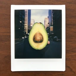 “a city inside an avocado, Polaroid photograph”