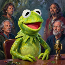 Kermit the Frog on ayahuasca painting by aaron brooks, chris dyer, android jones, and alex grey