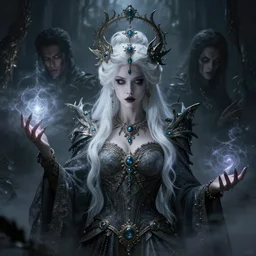 a beautiful white haired queen, adorned with precious stone jewelry, intricate concept art, ominous, sinister dark fantasy, occult, spells, magic, enchanted, misty, dramatic lighting, dark lovecraftian background, octane render, 8 k, ruan jia and tom bagshaw and alphonse mucha