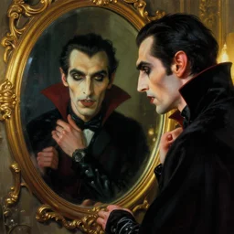 hyperrealistic portrait of a vampire watching a mirror. by jeremy mann and alphonse mucha, fantasy art, photo realistic, dynamic lighting, artstation, poster