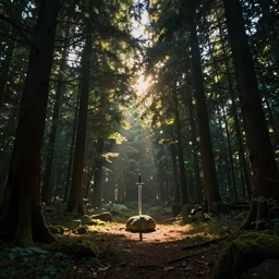 scene of a vast forest, far in the distance, in the middle of the forest is a clearing with a sword placed in a stone, the sun is beaming down on the sword, dusk, low - light, sun rays peaking through canopy, high detail, fantasy, artstation, 8 k, 1 6 : 9 aspect ratio