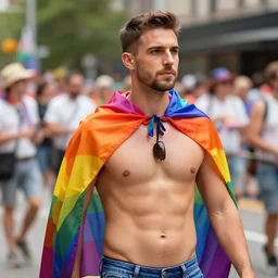 man wearing a rainbow cape at gay pride parade, alex ross