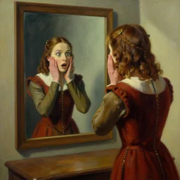 painting by edward hopper of pam beesly in medieval clothes looking at her reflection in the mirror, surprised expression, hands on face