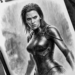 angry scarlett johansson, wearing rain soaked armour in heavy rain, incredibly fine detailed portrait, battle angel alita, black and white, dynamic angle, pencil and ink manga, elegant, full body profile, far way and above angle camera shot, highly detailed, dramatic full moon lighting, gothic castle behind, movie cover