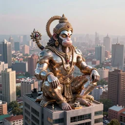 high quality 3 d cyberpunk biomorphic hanuman! sitting building in the middle of mumbai!!, kalighat highly detailed, cinematic smooth, stephen shore & john j. park, soft morning light, wide shot, high angle, uhd 8 k, deep focus