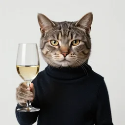intellectual cat, wearing turtleneck, looking smart, holding glass of wine, pompous expression