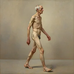 skinny old man walking, full body, realism old painting