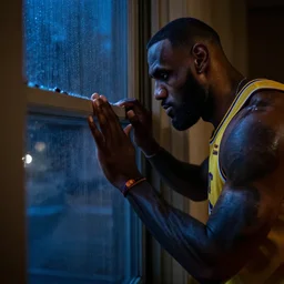 lebron james knocking at the window, from outside, while its storm at midnight, depressing image