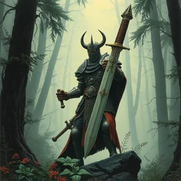 retro horror vintage pulp sci - fi macabre botanical paladin holding a huge sword, lot of layers armour, in the dense forest, thrilling atmosphere, risograph matte painting, fog, highly detailed, deviantart, intricate detailed, by moebius, jack gaughan, lehr paul