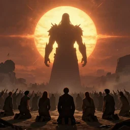 the colossal silhouette of the unmaker stands in front of the sun as the masses kneel before him in hope of salvation, end of the world, year 5 0 0 0, ominous, haunting, concept art, trending on artstation, by ted nasmith, ralph horsley, james gurney, jim burns