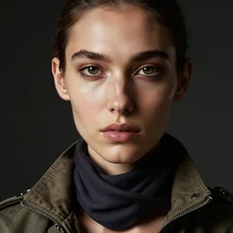 detailed portrait in femininity, realistic face sculpted features, ethnic, exotic, deep clear eyes, statuesque, gazelle - like, flight suit and scarf, tangible, cinematic lighting, chiaroscuro, radiant, smooth skin tones, contrasting highlights, fresnel, mediterranean color palette, contemporary modern fashion, deep rich hues, dark oil