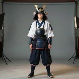 wide full shot of an asian school wearing a samurai headgear cosplay, film studio background, softlight, photorealistic, art by artgerm and greg rutkowski
