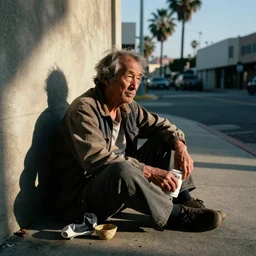 a candid photo of Captain Planet homeless and looking for handouts on the streets of LA