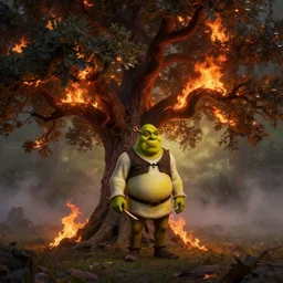 shrek next to an oak tree aflame, still, fog in background, dantes inferno, evil album cover
