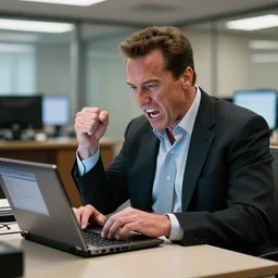 arnold schwarzenegger as conan the barbarian sitting at a desk, as an office worker, in an office, inside an office building, sitting at a desk, angrily shouting at a laptop, computer trouble, technical difficulties, software error, crisp lighting, studio lighting, laptop, laptop
