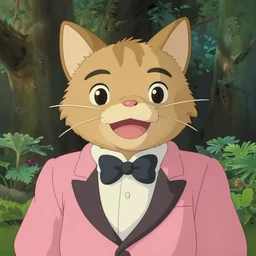 upper body portrait of a happy male anthropomorphic cat in a pink tux, in the style of zootopia, in a forest styled of studio ghibli