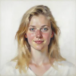 portrait painting of woman from scandinavia, 8 7 1 2 years old, blonde hair, daz, occlusion, smiling and looking directly, brushstrokes, white background, art by enki bilal