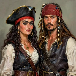 couple in love. fully clothed armed female pirate captain, rachel wall, with a male pirate partner, sun, summer, blue eyes, beauty, wisdom, love, strength, knowledge, smart, portrait, symmetrical, highly detailed, digital painting, artstation, smooth, sharp focus, illustration, strength, art by frida kahlo. 8 k
