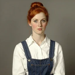 portrait study! of a woman!! in their 3 0 ’ s red hair!!! chignon! white button up shirt! overalls!!! by norman rockwell!!!