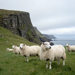 faroese landscape. a cliff in the left background. white sheep in the foreground. the sheep look away. by william turner
