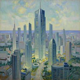 Futuristic City Landscape oil painting by Zdzisław Beksiński and Van Gogh