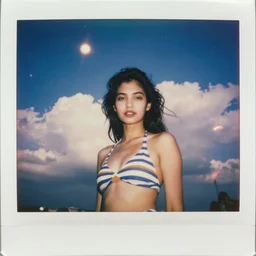 weathered old analog polaroid portrait photograph of a beautiful young woman wearing a vintage striped bathing suit, summer, azure sky, big clouds visible, lensflare, sunlight, glare, depth of field, bokeh, filmgrain, red color bleed