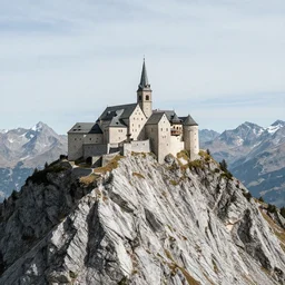 a medieval monastery on top of a steep, high mountain in the alps, rough terrain, clean colours, fantasy