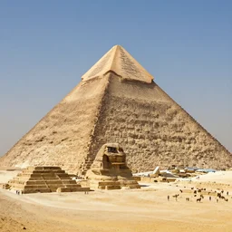 great pyramid of giza at ancient times, the pyramid is covered with white marble, the pyramind has a golden tip, ancient egypt, unreal engine, extremely detailed, photoreal
