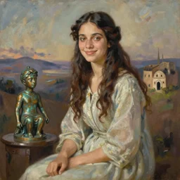 This painting captures the beauty and mystery of the woman sitting before us. Her enigmatic smile and gaze seem to invite us into her world, and we cannot help but be drawn in. The softness of her features and the delicate way she is dressed make her seem almost ethereal. The background landscape adds to the feeling of distance and mystery, making us wonder what secrets this woman holds. Lawrence of Arabia, CryEngine, bronze by Eddie Campbell, by Hayao Miyazaki, by David B. Mattingly