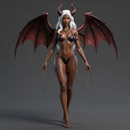 full length complex 3 d hyper realistic smooth ultra sharp render of a gorgeous light skinned african woman with white hair | bikini, chains | demoness, succubus | medieval, fantasy, d & d, unholy | intricate, highly detailed, octane render | art by 吵 集 仁 儿 on artstation + oh jinwook + sakimichan