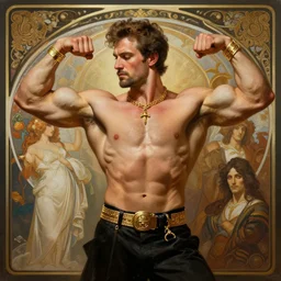 kevin rudd, flexing large muscles, no shirt, gold accessories, elegant, highly detailed, digital painting, matte, sharp focus, art by artgerm, greg rutkowski, alphonse mucha, frank frzetta, boris vallejo, bouguereau, beksinski, cinematic