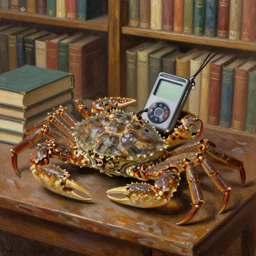 horseshoe crab with a walkman in a library full of books, oil painting, high quality, detailed, 4 k