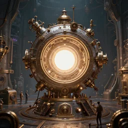 teleportation machine in a steampunk world, with people using it to travel the world, the machine is a large metal contraption with a bright light in the center, style of fendi