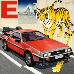 a red delorean and yellow tiger, art by hsiao - ron cheng and utagawa kunisada, magazine collage, # e 4 e 6 2 0, # de 9 5 f 0