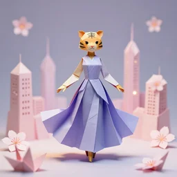 a metropolis made out of origami paper, anthropomorphic tiger woman wearing a flowing light periwinkle colored dress, paper origami, many origami [ each and sakura flowers, heavenly light, 3 d, very detailed, octane render, trending artstation, artgem