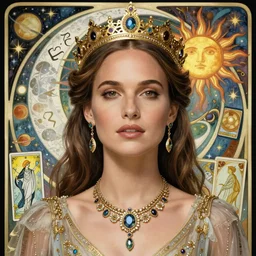 natalie portman portrait by louis - theophile hingre and alphonse mucha, realistic, sharp focus, zodiac signs, tarot cards, planets, ethereal, art nouveau, magic, moon, sun, crown, dreamy, royal, jewellery