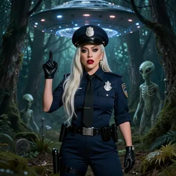 lady gaga as a cop in a spooky forest, ufo overhead, alien, realistic, 8 k resolution, hyperdetailed, highly detailed, real life, studio lighting, high quality