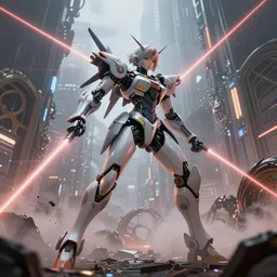 biomechanical waifu mecha, ashley wood syd mead moebius, beautiful details, wide angle action shot, photorealistic, 8 k, octane render, neo tokyo nuclear holocaust background, mist, ornate, lasers, volumetric lighting - h 1 2 0 0