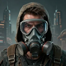 retrofuturistic portrait of a wasteland scavenger, respirator on bottom half of face, dystopian city graphics in background, close up, quint buchholz, wlop, dan mumford, artgerm, liam brazier, peter mohrbacher, raw, featured on artstation, octane render, cinematic, dark and rugged, intricate, 8 k