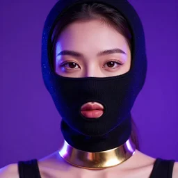 close up portrait photography of beautiful asian female model wearing balaclava and golden neckkace, purple and blue futuristic light