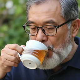 mr robert is drinking fresh tea in a garden from spiral mug, detailed face, wearing glasses, grey beard